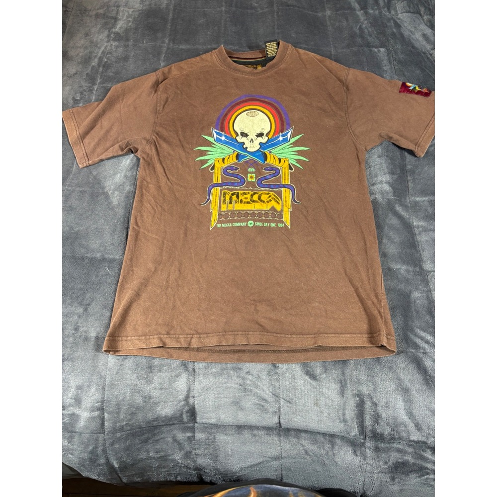 Vintage Mecca USA Mens Brown Skull Graphic T-Shirt Streetwear Medium RN 110237